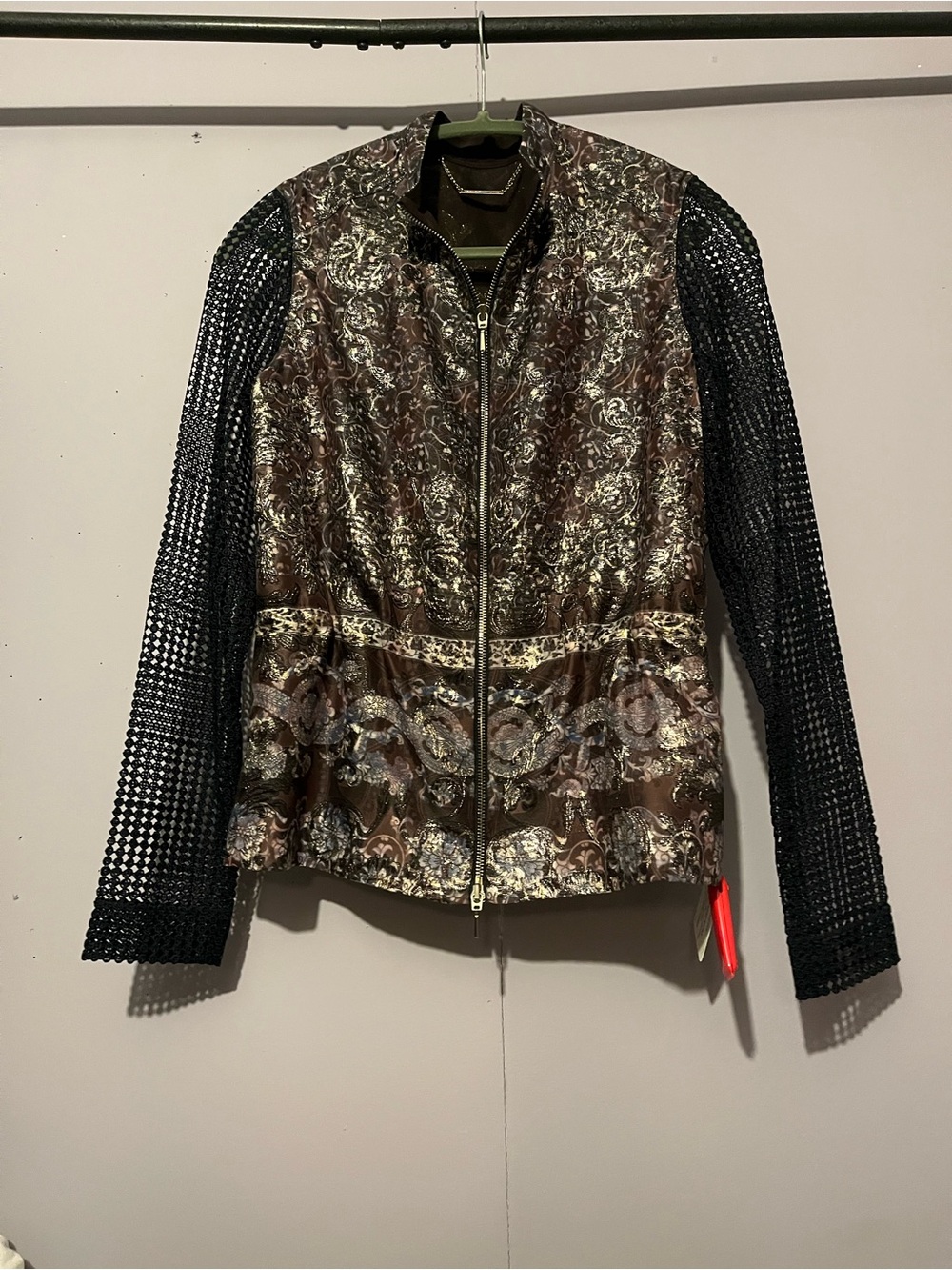 Elie Tahari Brocade Paisley Zip Jacket with Crochet Sleeves